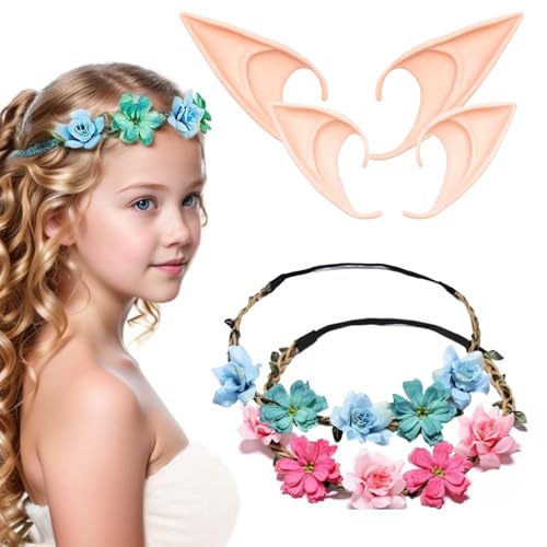 CXNXFD 2 pares de orelhas de elfo com coroas de flores, orelhas macias e bandanas, orelhas de elfo macias de látex para crianças e adultos, carnaval