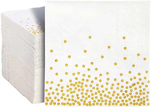 100 Pack Disposable White and Gold Paper Cocktail Napkins for Wedding Reception, Polka Dot Party Supplies (5 x 5 In)
