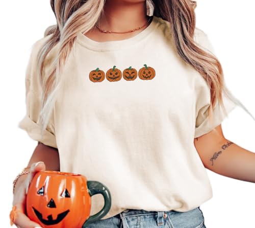 Embroideried Fall Halloween Shirts Women Ghost Cat Spooky Season Shirt Vintage Fall Pumpkin Graphic Tee Tops
