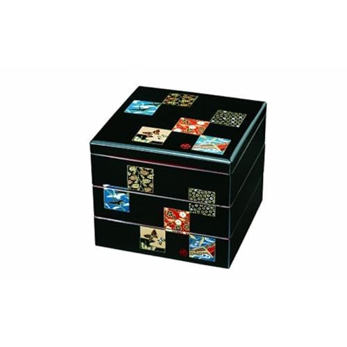 三段重箱 黒内朱 市松友禅 お重 紀州漆器 重箱 3段 運動会 おせち料理 おせち お正月 年末年始 黒[YG5]