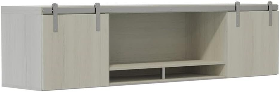 Pemberly Row 72" Wall Mounted Hutch, Sliding Wood Doors, White Ash Finish, Contemporary Design, Decorative Shelf, Space-Saving Wall Mount Storage for Home or Office