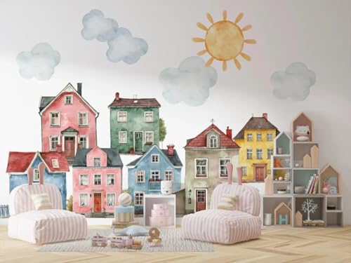Vinilo decorativo mural de pueblo acuarela para habitación infantil