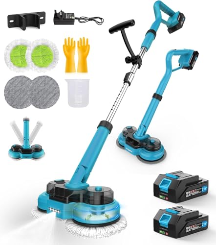 Elektrischer Mopp mit 2 * 2000mAh Batterien, Bodenreiniger Spin Mop, Bodenwischer Elektrisch Kabellos, Wischmopp Poliermaschine, 300 ML Wassertank, LED Beleuchtung，Bodenwischer zum Wischen (Blau)