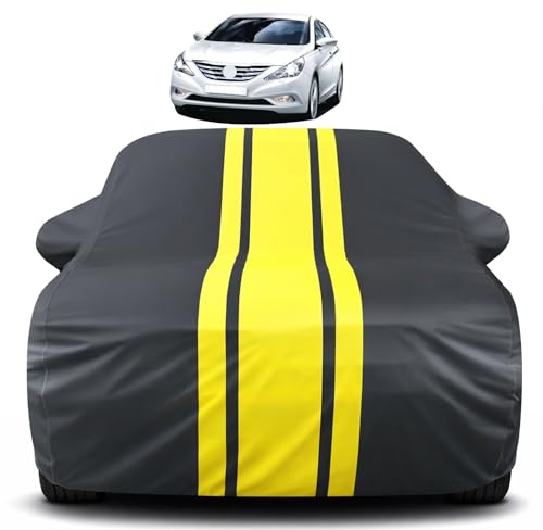 Image of Auto Hub Car Cover Compatible with Hyundai Sonata with Mirror Pocket, Soft Cotton Lining, Sonata Car Cover Waterproof - Yellow-Black