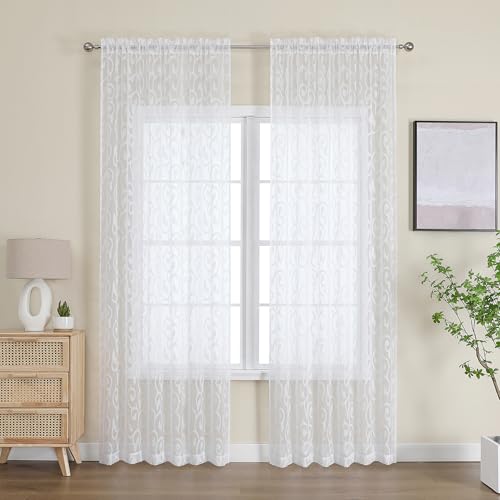OWENIE Furman Sheer White Curtains 90 inches Long for Bedroom Living Room 2 Panels Set, Light Filtering Soft Semi Sheer Jacquard Clip Farmhouse Curtains Rod Pocket Design, Each 52Wx90L inch