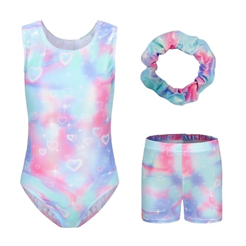Sinoeem Maillot de gimnasia para niñas, manga larga/sin mangas, ropa de danza, ballet, pantalones cortos deportivos y diadema de colores brillantes para niñas de 5 a 12 años, B131_Smudged, Tag