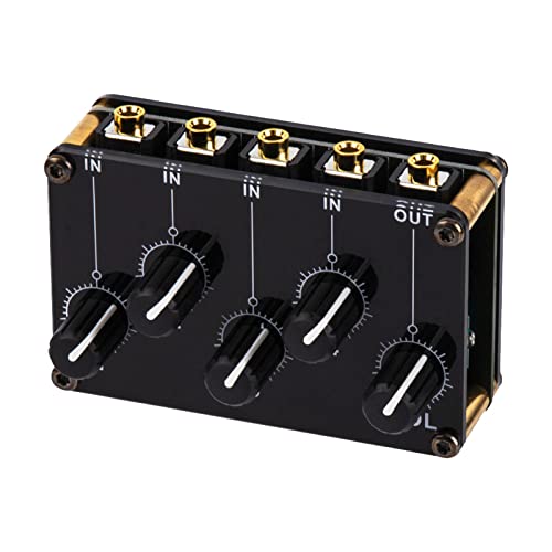 Batidora pasiva de 4 canales ideal para clubes pequeños o no requiere electricidad. Con 1 control de volumen de salida principal y 4 botones de entrada