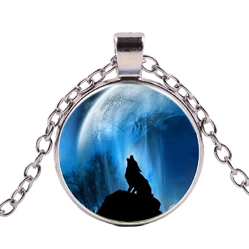 Collar con colgante de cristal de lobo de luna azul misteriosa para mujer, hombre, joyería punk