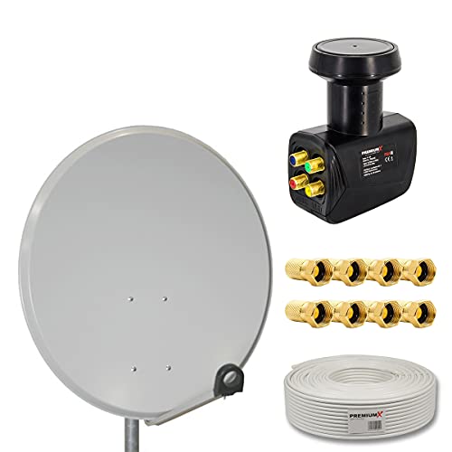 Premium X Satelliten-Komplettanlage 80cm Satellitenschüssel SAT Quad LNB 10m Antennenkabel 8X F-Stecker