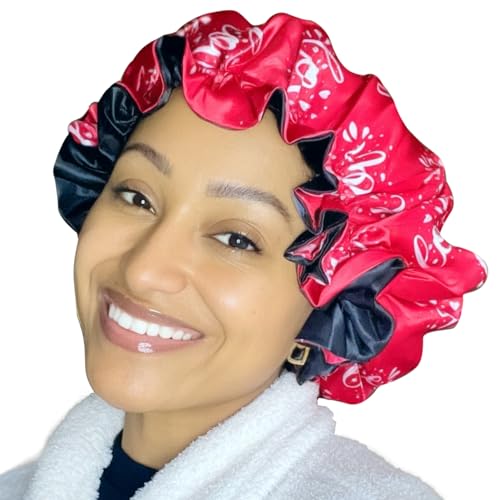 Zomac Red Satin Bonnet with Ruffles for Sleeping, Sleep Cap for Natural and Curly Hair, Bonnet with Design (Red Love)