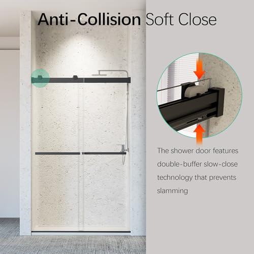 Image of 46-48 inch W x 76 inch H Soft-Close Frameless Double Sliding Shower Door, Bathroom Shower Glass Doors with 5 /16 inch (8mm) SGCC Tempered Glass and Stainless Steel Handle, Easy to Install, Matte Black
