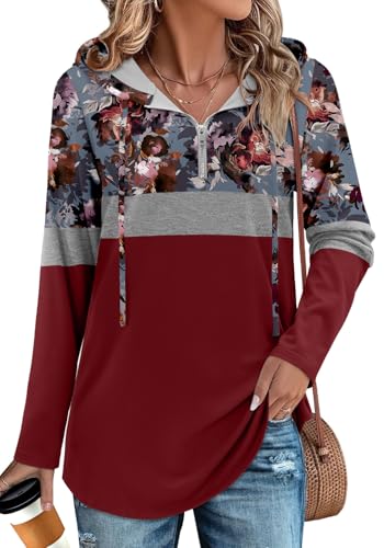 BETTE BOUTIK Womens Quarter Zip Tunic Hoodies Pullover Long Hooded Sweatshirts S-3XL