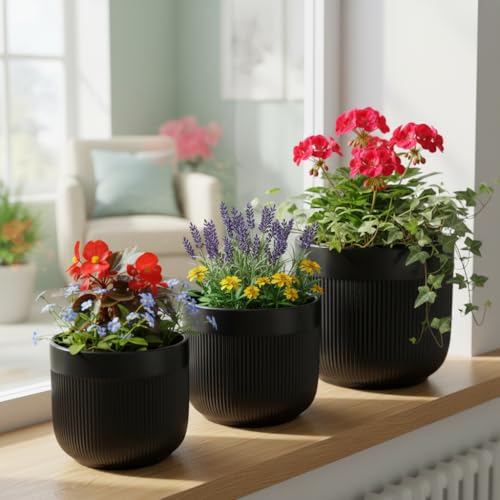 Image of Xtore Ceramic Ribbed Planter Set with Matte Finish | Minimalist Design | for Home, Office, Balcony & Living Room Decor - (Set of 3, Black)
