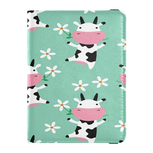 Custodia per passaporto pelle PU portafoglio ultra sottile per donne ragazza badge ID vaccino porta carte di credito viaggio carino mucca che mangia erba e fiori infantile Multi 1