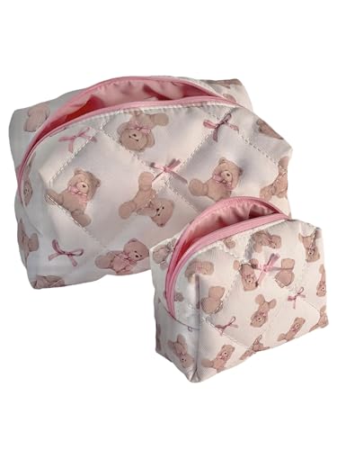 Teddy Bow Makeup Bag Set of 2, Cotton Quilted Bear Makeup Bags with Satin Pink Bows, Cute Girly Toiletry Pouch Set, Small Bag for Purse, Coquette Accessories, Aesthetic Gift Set for Women Teen Girls
