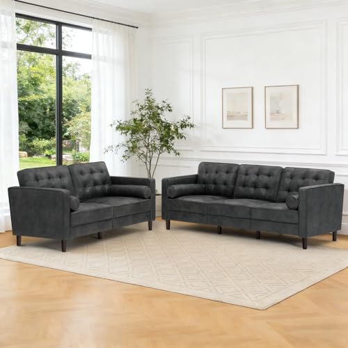 Image of Suede Leather Upholstered Sofa Set with Tufted Backrests, Grey | 3 Seaters Couch and Loveseat Sofa with Bolster Pillows, 2 Pieces Living Room Set for Living Room, House