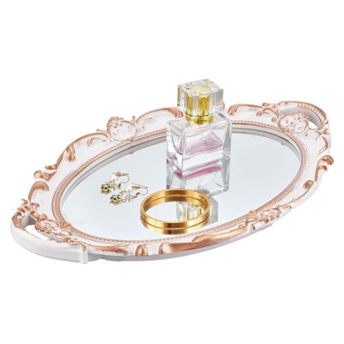 OLYCRAFT Espejo decorativo vintage ovalado vintage con asa, bandeja decorativa decorativa antigua para dormitorio, sala de estar, organizador de joyas de maquillaje, 27,5 x 16,5 cm