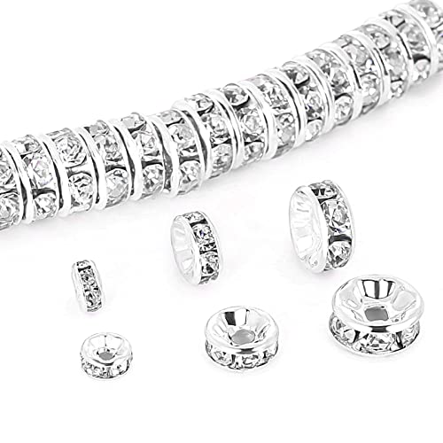 sjavocado 150Pcs Round Rhinestone Spacer Beads 4mm 6mm 8mm Crystal Loose Beads Set Copper Material Charm Beads for Necklaces Bracelets Jewelry Making (White)