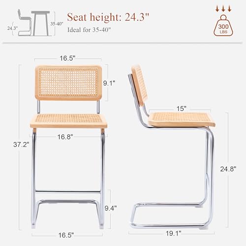 Image of Natural Rattan Counter Stools with Cane Back, 24 Inches Mid Century Modern Cesca Bar Stools, Rustic Bar Stools with Metal Frame for Kitchen Island,Home Pub (Natural, Set of 4)