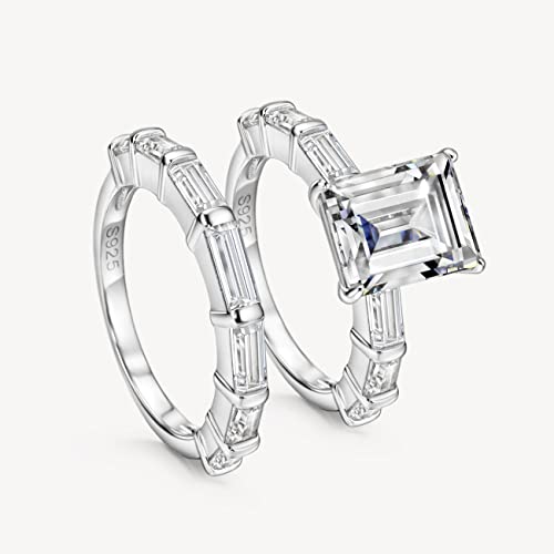 Michooyel S925 4ct Emerald Cut 2 in1 Engagement Wedding Ring Sets Baguette Wedding Ring Band Cubic Zirconia Sterling Silver Promise Ring For Women Women Ladies4