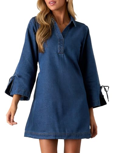Womens Denim Shirt Dress Collared V Neck Bell Long Sleeve Mini Casual A-line Jean Dresses with Bow Sky Blue