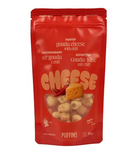 PUFFINS - Knuspriger Käse Keto Snack - Goudakäse - 100% Käse - Ohne Zucker, Kohlenhydrate - Protein Snack - Glutenfrei, Viel Eiweiß - mit Chilli - 4x50g