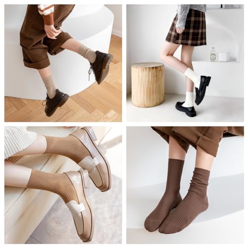 6 Pairs Cozy Crew Socks for Women, Cute Neutral Aesthetic Casual Athletic Cotton Socks, Boot Cozy Socks for Women, Slouchy Long Socks for Women Pack2
