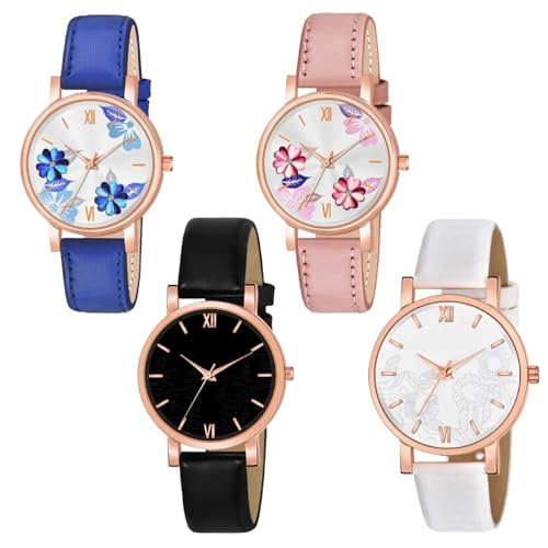 Image of Multicolor Flower Dial Leather Strap Gifts for Women Formal Girl's and Women's Watch Women's Analog Combo Watch for Women (Pack of 4)