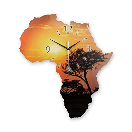 Kreative Feder Designer-Wanduhr „Afrika“ in Landkarten-Form mit Motiv - Größe ca. 50x45 cm geräuschlos analog (leises Funkuhrwerk, Baum)