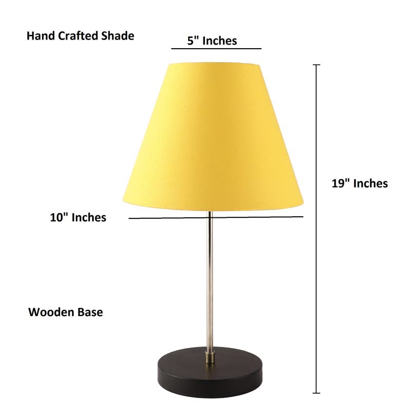 Image of Silver Table Lamp with Handmade Conical Yellow Shade, Minimalist Design, for Couple Dinner /Coffee Table /Restaurant /Bedroom, On /Off Switch Long Wire