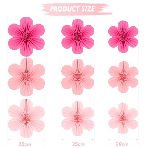 Image of Easy Joy Hot Pink Paper Flowers Decorations for Wall Pink Paper Fans Classroom Decoration Paper Floral Backdrop Decor Paper Fans Decoration Hanging Paper Fans Pink Flower Wall Decor, Set of 9