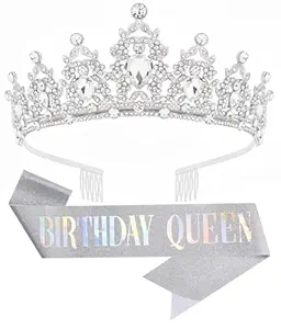 Birthday Tiara Crown with Sash for Women, Headband Hair Accessories for Wedding Party Costume Silver