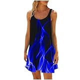 3D Flame Print Tank Dress for Womens, Casual Beach Smocked Mini Dresses Hawaiian Round Neck Sundress Cute Swing Loose Dress Blue