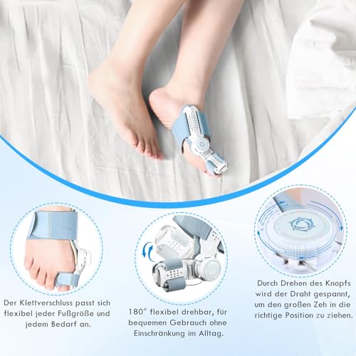 Hallux Valgus Korrektur Set für Damen und Herren, Upgrade Version mit Verstellbarer Hallux Valgus Schiene und Silikon Zehenspreizer für Daumen, Reduziert Hallux Valgus Belastung für Tag und Nacht
