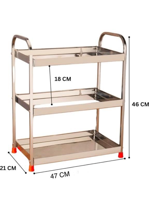Image of Stainless Steel Kitchen Storage Rack for Pantry, Spice Rack, Jars & Utensils, Heavy Duty Organizer for Kitchen and Bathroom (3 Tier Plane Surface Large)(Size 47 * 46 * 21)
