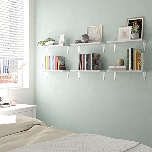 Wallniture Arras 17"X6" Floating Shelves For Storage, Wall Bookshelf Living Room Decor, Wall Shelves For Kitchen, Bathroom Floating Shelf, Dining Room Storage Shelves, Set Of 6, White, Wood #TOP5