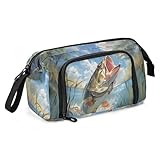 Ouhene Portable Pencil Case Pen Bag with Zipper, Bass Fish Large Pencil Pouch Pen Case Stationery Bag for Office School Student, Multifunctional Pen Box for Girl Boy Men Women