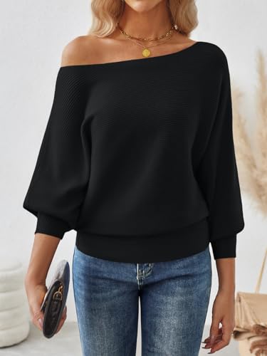 LILLUSORY Women One Shoulder Sweater Fall Fashion Long Batwing Sleeve Knit Pullover Cute Tops Trendy Outfits2