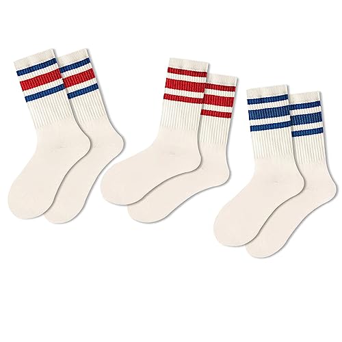 Seagallery 3 PAIRS Women's Striped Crew Socks - Retro Athletic & Casual Calf Novelty Unisex MultiColor