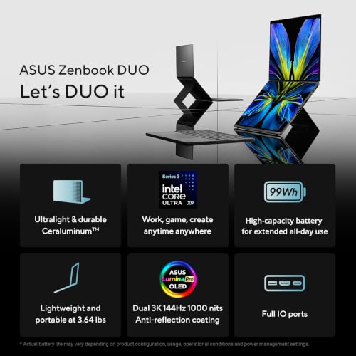 Image of ASUS Zenbook Duo Laptop (2026), Dual 14 inch OLED 3K 144Hz Touch Display, Intel Core Ultra X9 378H, Intel Arc Graphics, 32GB RAM, 1TB SSD, Sleeve and Stylus Included, WiFi 7, Windows 11, Moher Gray