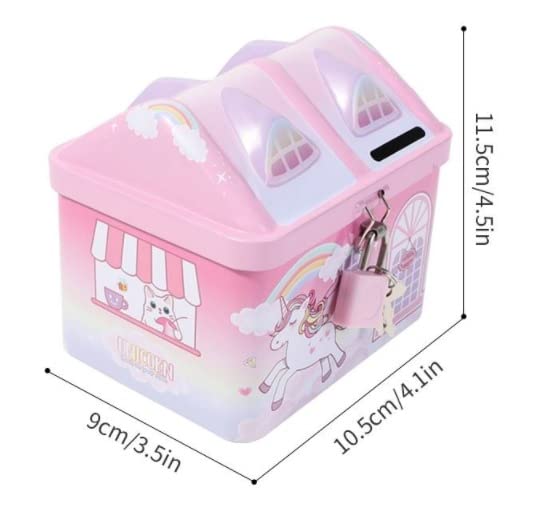 Image of WISHKEY Cute & Colorful Unicorn Printed Metal Piggy Bank With Secure Lock & Keys For Kids, House Shaped Money Saving Storage Coin Collection Box For Girls, Children (Pack Of 1, Multicolor,Classic)