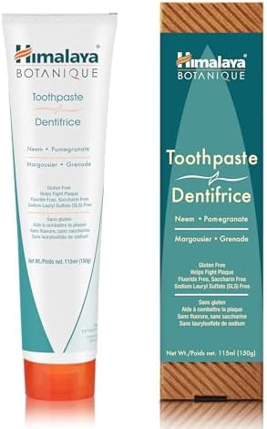 Himalaya Botanique Neem and Pomegranate Toothpaste, Natural, Fluoride-Free, Saccharin-Free, SLS Free & Gluten Free, Vegan, 150 g (5.29 oz
