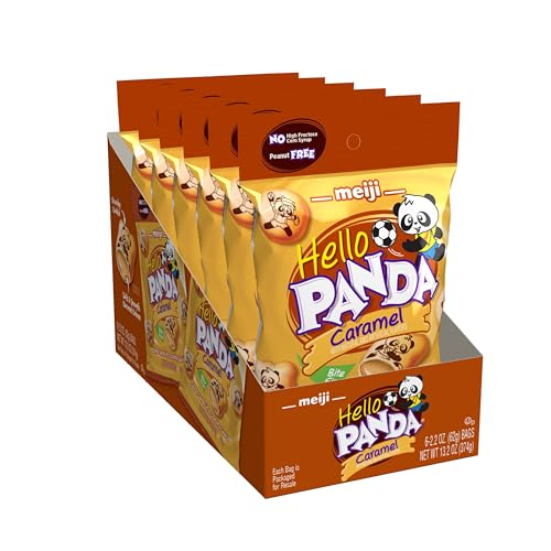 Meiji Hello Panda Cookies, Caramel Crème Filled - 2.2 oz, Pack of 6 - Bite Sized Cookies with Fun Panda Sports