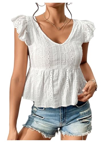 SweatyRocks Women's Stylish V Neck Eyelet Tops Ruffle Sleeve Peplum Tops for Women Dressy Shirts