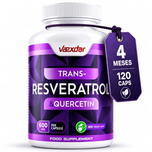 Trans-Resveratrol & Quercetina 600mg - Potente Antioxidante Natural - 120 Cápsulas Vegetales - 4 Meses de Suministro - Refuerza la Vitalidad y Protección Celular - Fórmula de Alta Absorción - Vaexdar