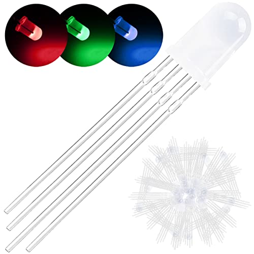 DAOKAI 100Pack 5mm LED Diodo Emisor de Luz Cátodo Común DC 3V 20mA RGB Tricolor (Rojo/Verde/Azul) 4Pin Frosted Difused Round LED Buld Lámparas Componentes Electrónicos para Arduino