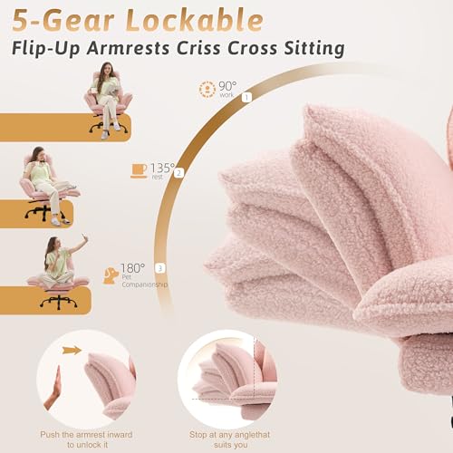 Image of Wider Seat Office Chair with Flip Armrests for Criss Cross Legged&Cats, Big and Tall Executive Ergonomic Reclining Chair with Footrest&Lumbar Pillow, Teddy Fleece Desk Chair, Pink Vanity Chair
