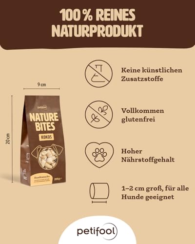 petifool Nature Bites Kokos | natürlicher Hundesnack | Kokos, Banane und Apfel | Ohne künstliche Zusätze | Getreidefrei | Vegan | 200g | Aus Deutscher Herstellung