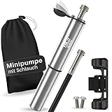 HiLo sports Mini Fahrradpumpe mit Schlauch - Aluminium Radpumpe klein für alle Ventile - 8 Bar / 120 Psi Minipumpe - Kleine Luftpumpe Fahrrad mit Rahmenhalterung - Mini Pumpe Silber (Silber)
