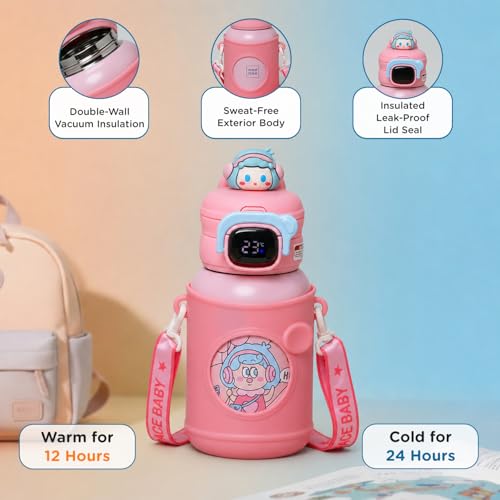 Image of Mee Mee Zippy Sippy 500ml Kids Stainless Steel Water Bottle with Smart Temperature Display | SS316 Steel | 3 Drinking Modes | Leak-Proof Insulated Hot & Cold Bottle | BPA-Free | 2-10 Years (Pink)